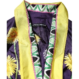 Blue Floral Print Silk Long Sleeves Wrap Robe