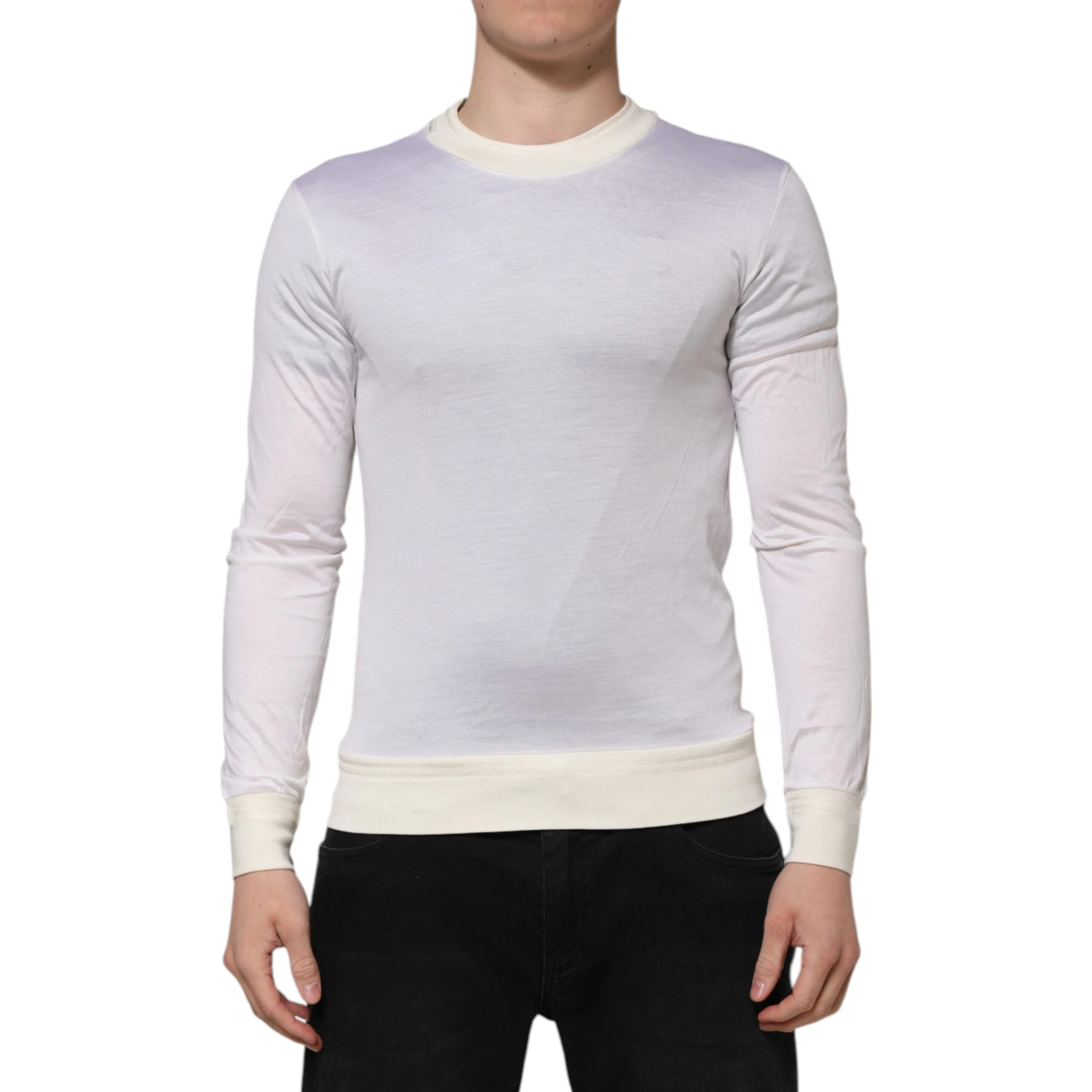 White Silk Crew Neck Long Sleeves T-shirt