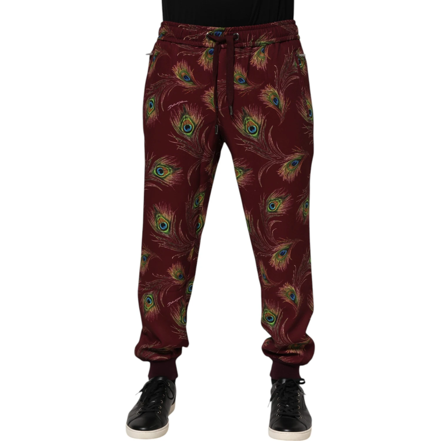 Burgundy Peacock Feather Print Jogger Pants