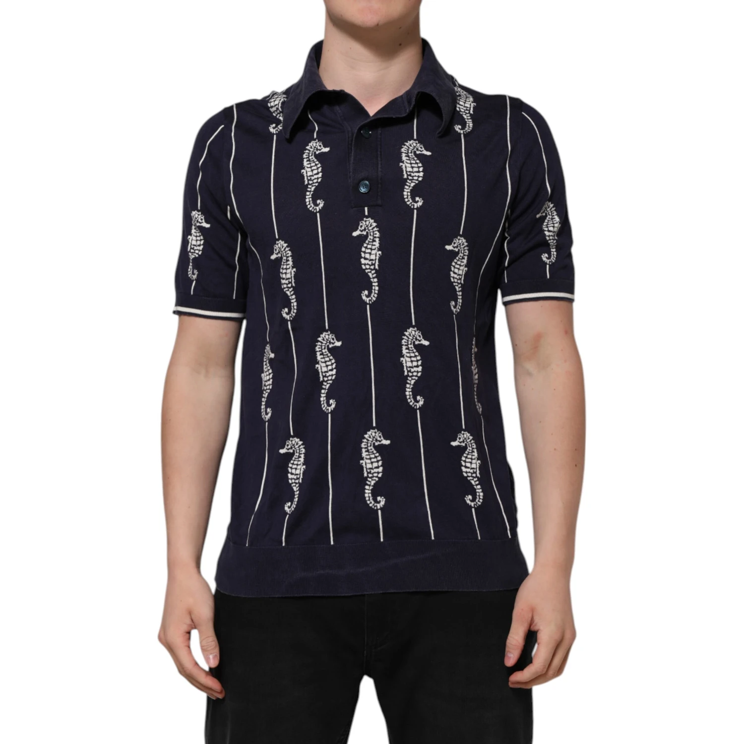 Dark Blue Sea Horse Collared Polo T-shirt
