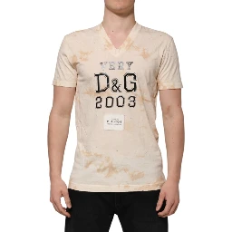 Beige Logo Print Short Sleeve V-neck T-shirt