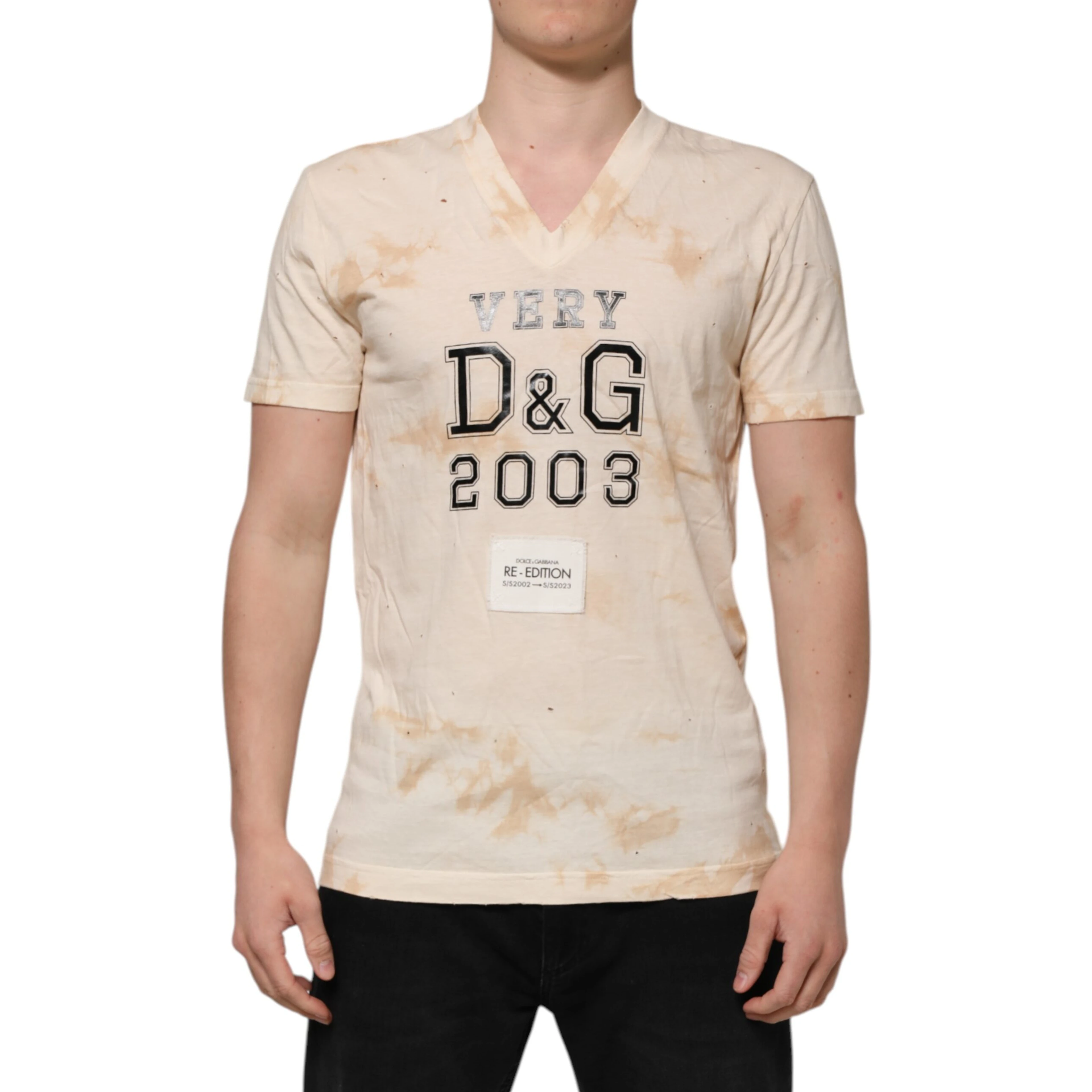 Beige Logo Print Short Sleeve V-neck T-shirt