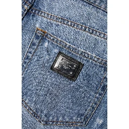 Blue Logo Plaque Denim Cotton Hot Pants Shorts