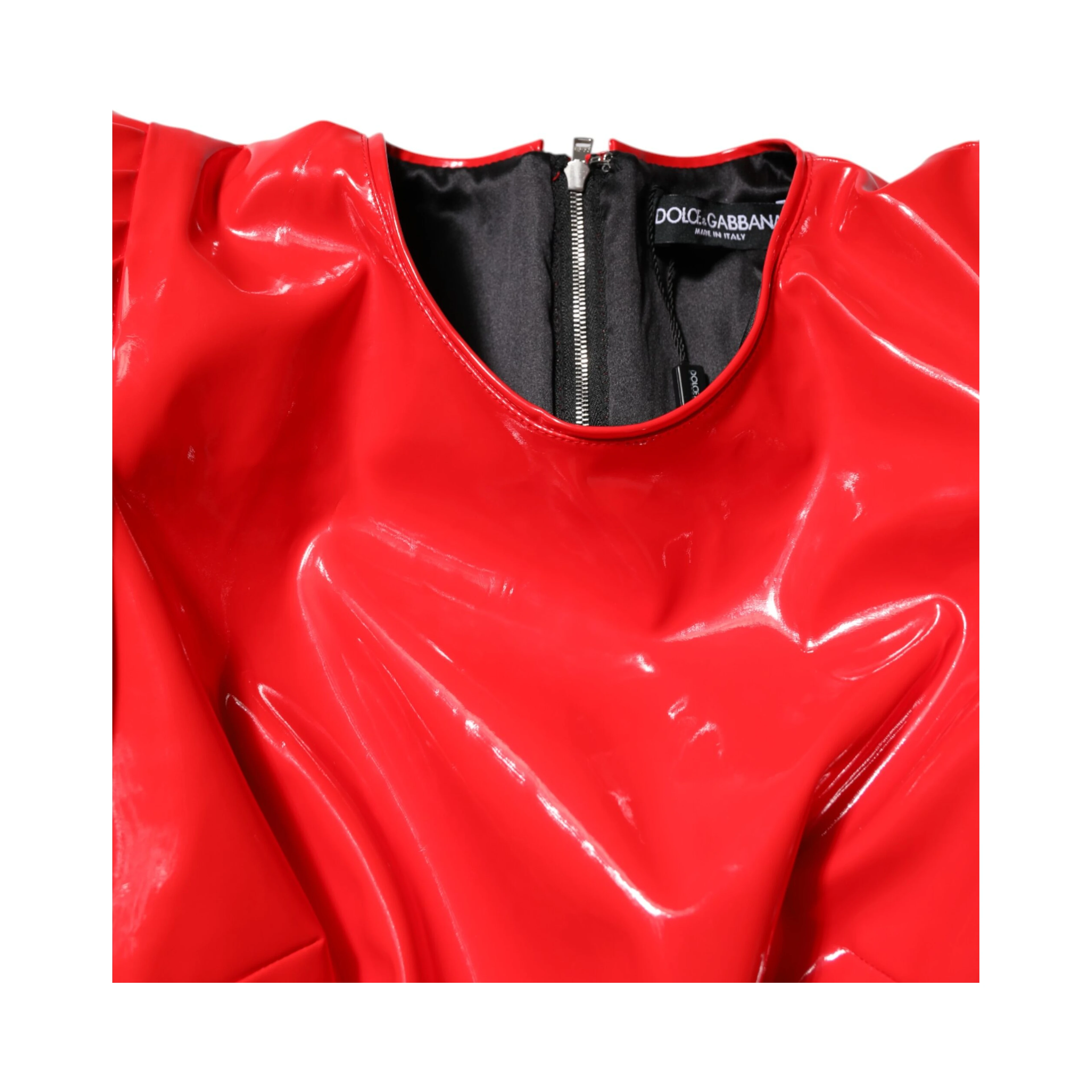 Red Patent Leather Puff Sleeves Mini Dress