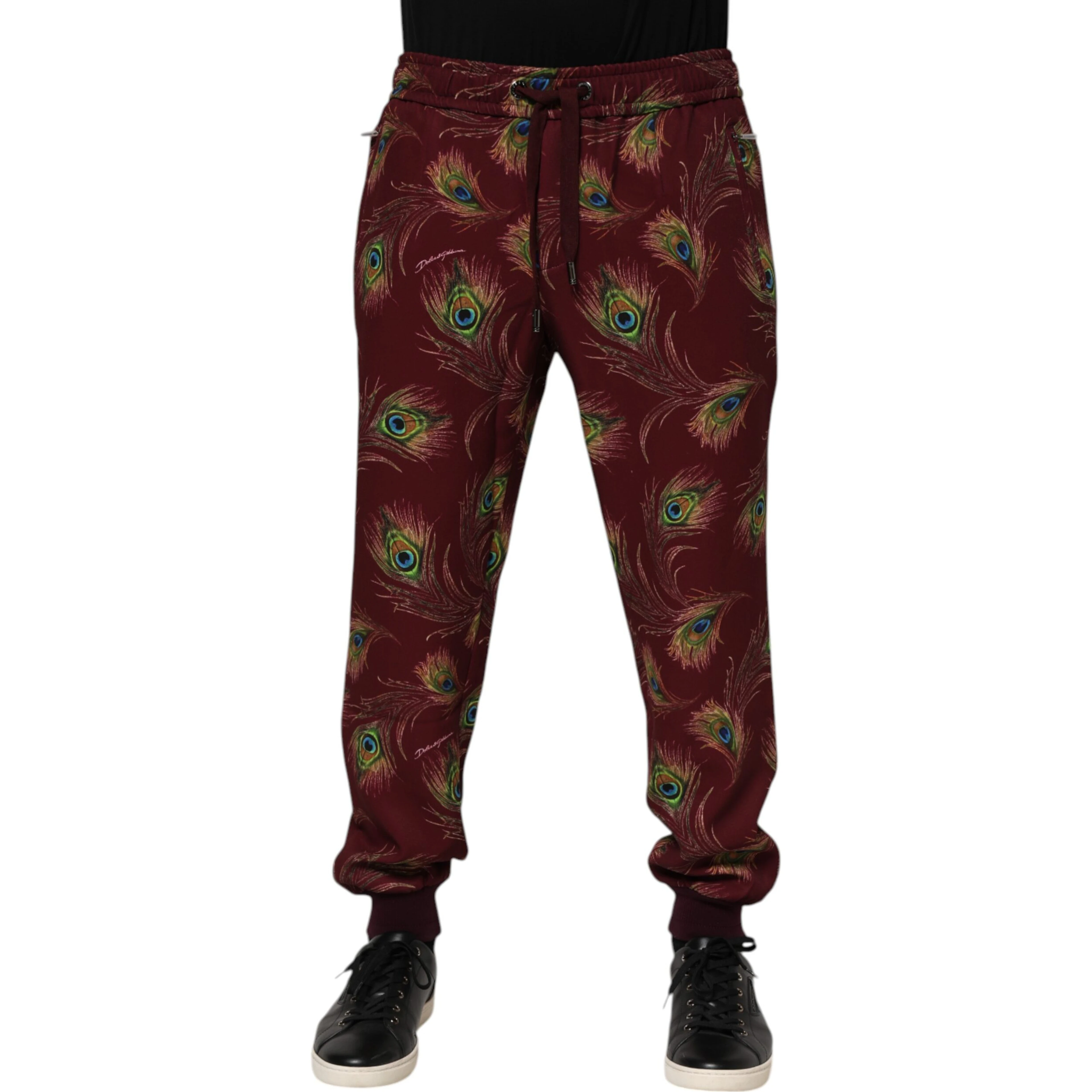 Burgundy Peacock Feather Print Jogger Pants
