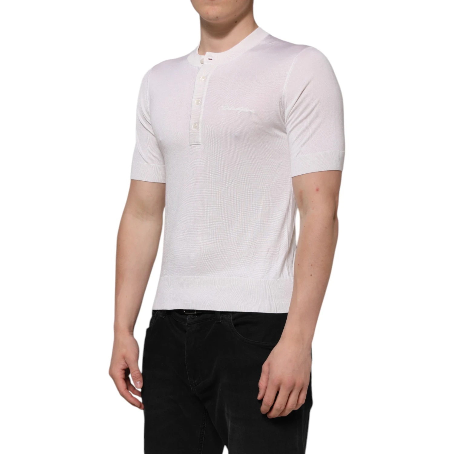 White Silk Short Sleeves Men Henley T-shirt
