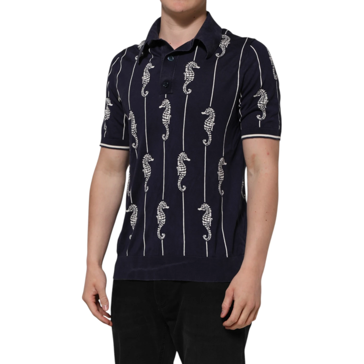 Dark Blue Sea Horse Collared Polo T-shirt