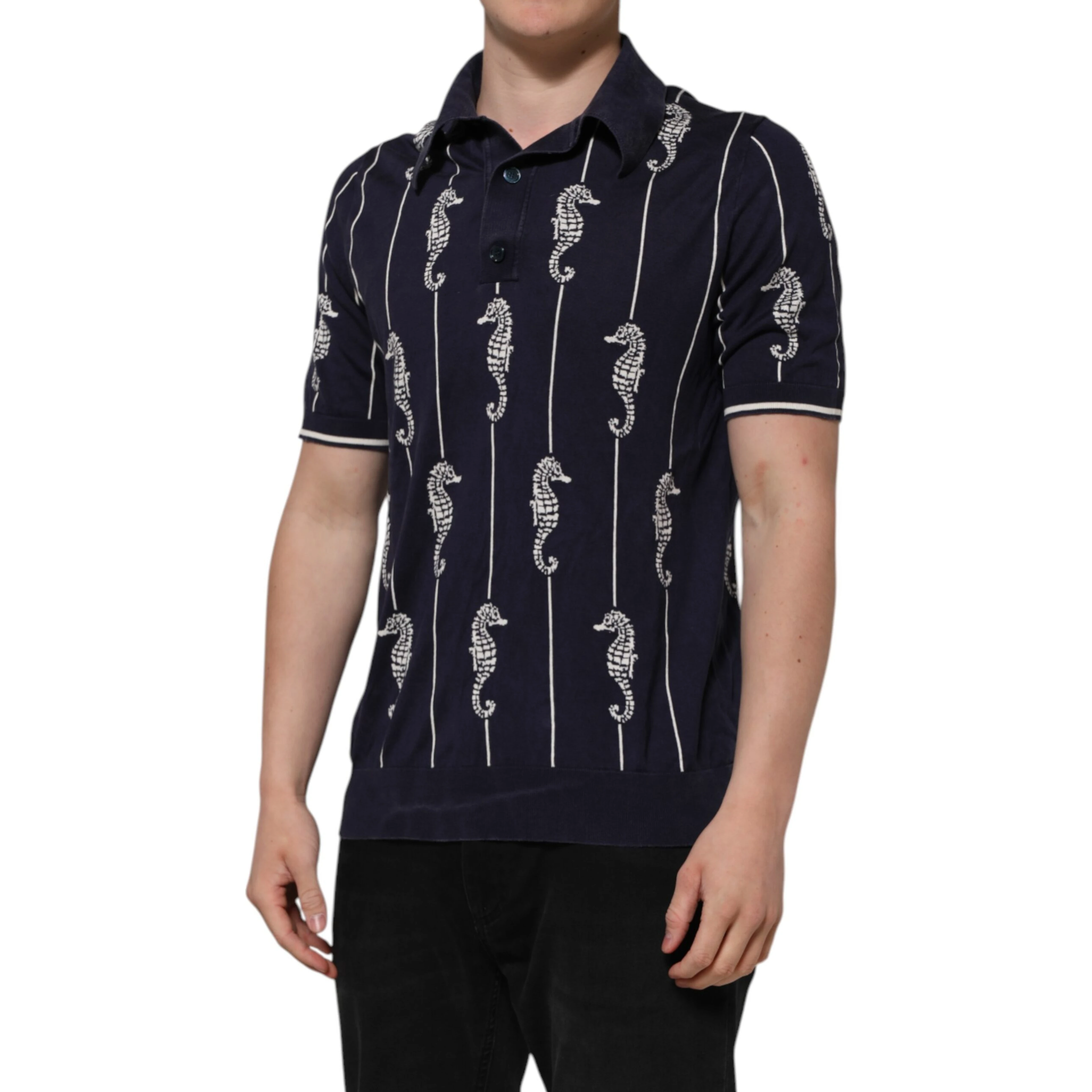 Dark Blue Sea Horse Collared Polo T-shirt