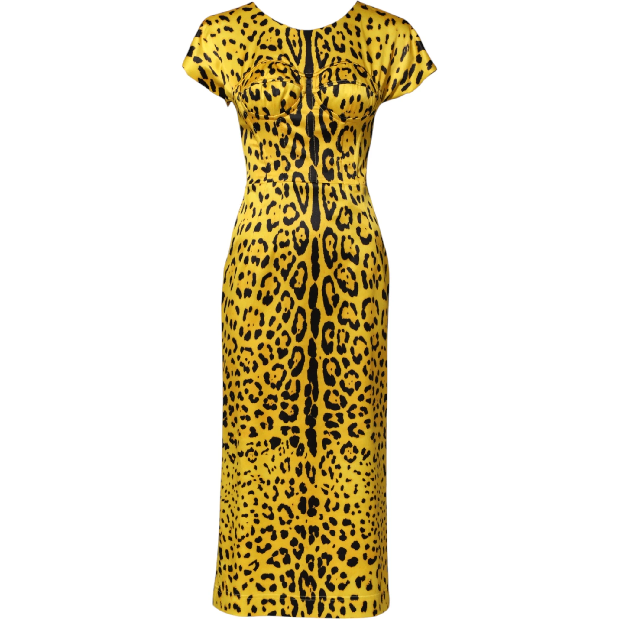 Yellow Polyester Leopard Midi Sheath Dress