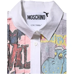 White Printed Collared Button Mini Shirt Dress