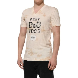 Beige Logo Print Short Sleeve V-neck T-shirt