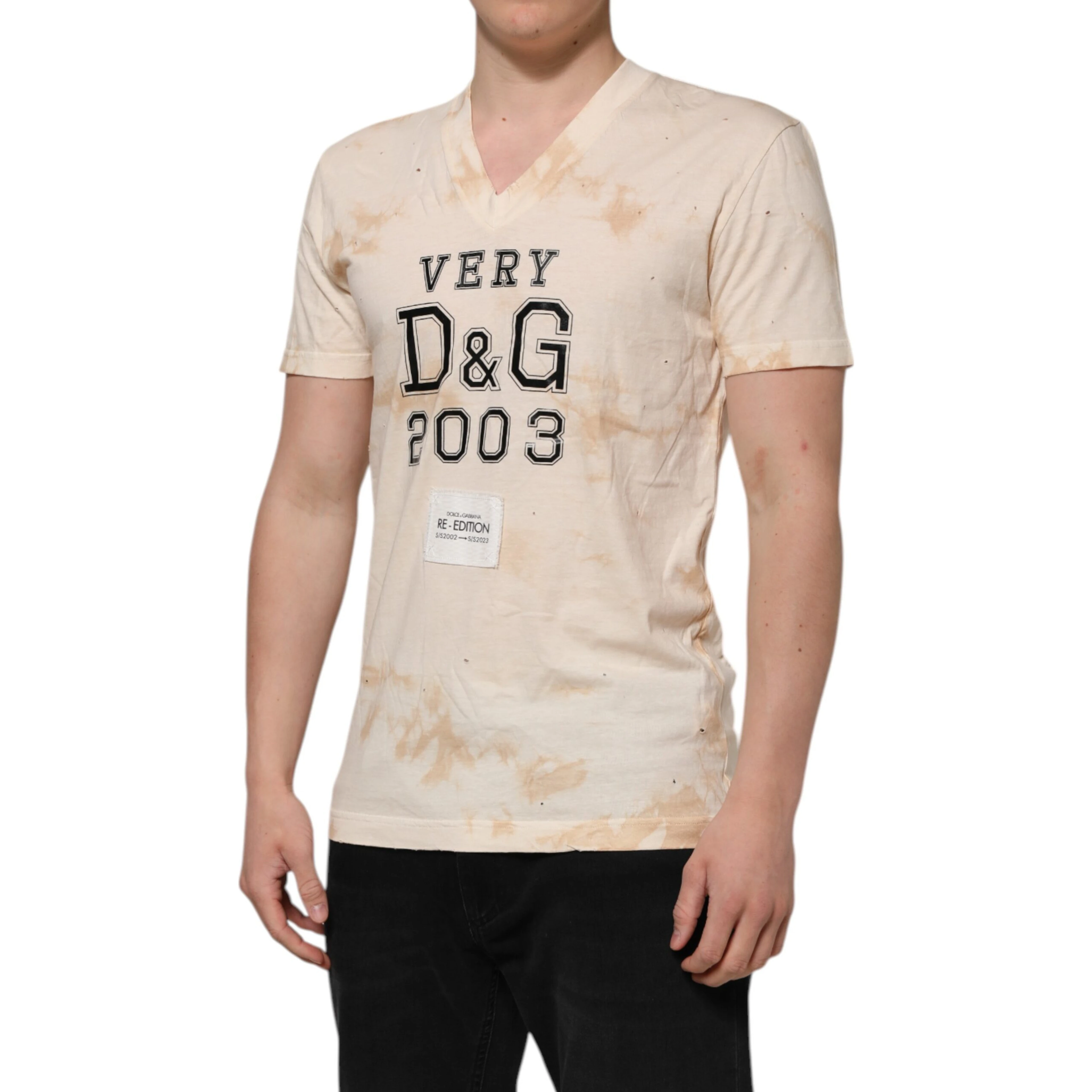 Beige Logo Print Short Sleeve V-neck T-shirt