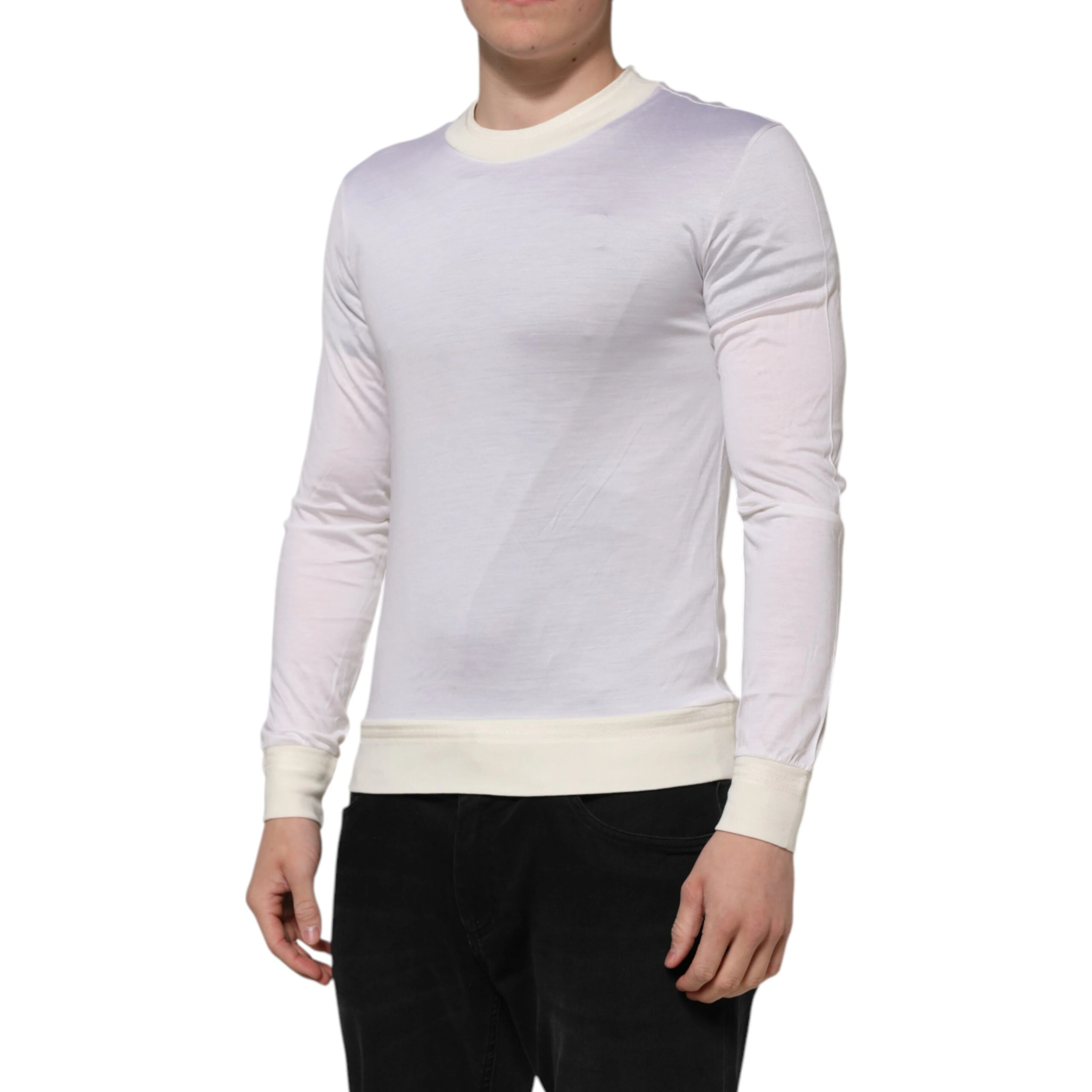 White Silk Crew Neck Long Sleeves T-shirt
