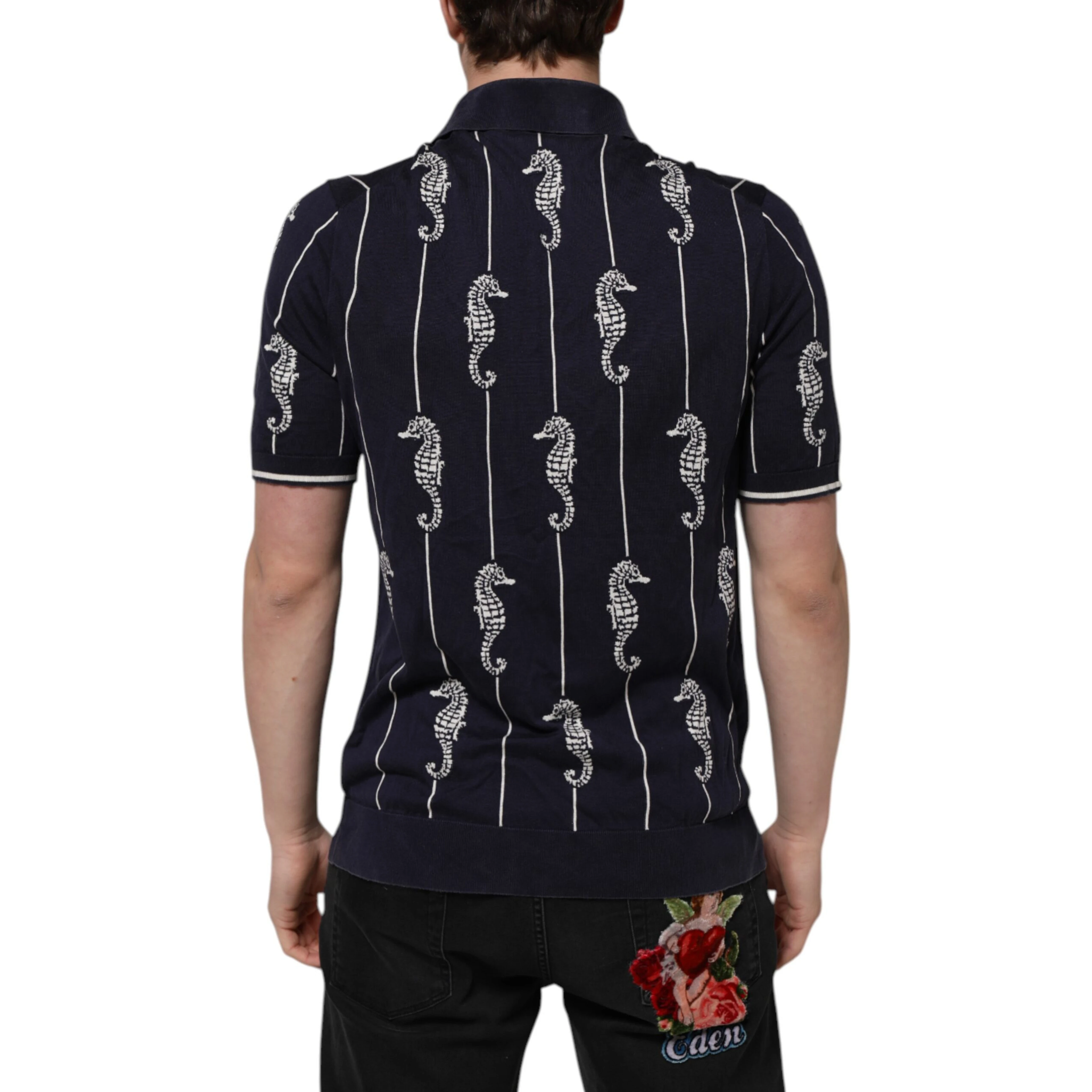 Dark Blue Sea Horse Collared Polo T-shirt
