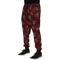 Burgundy Peacock Feather Print Jogger Pants