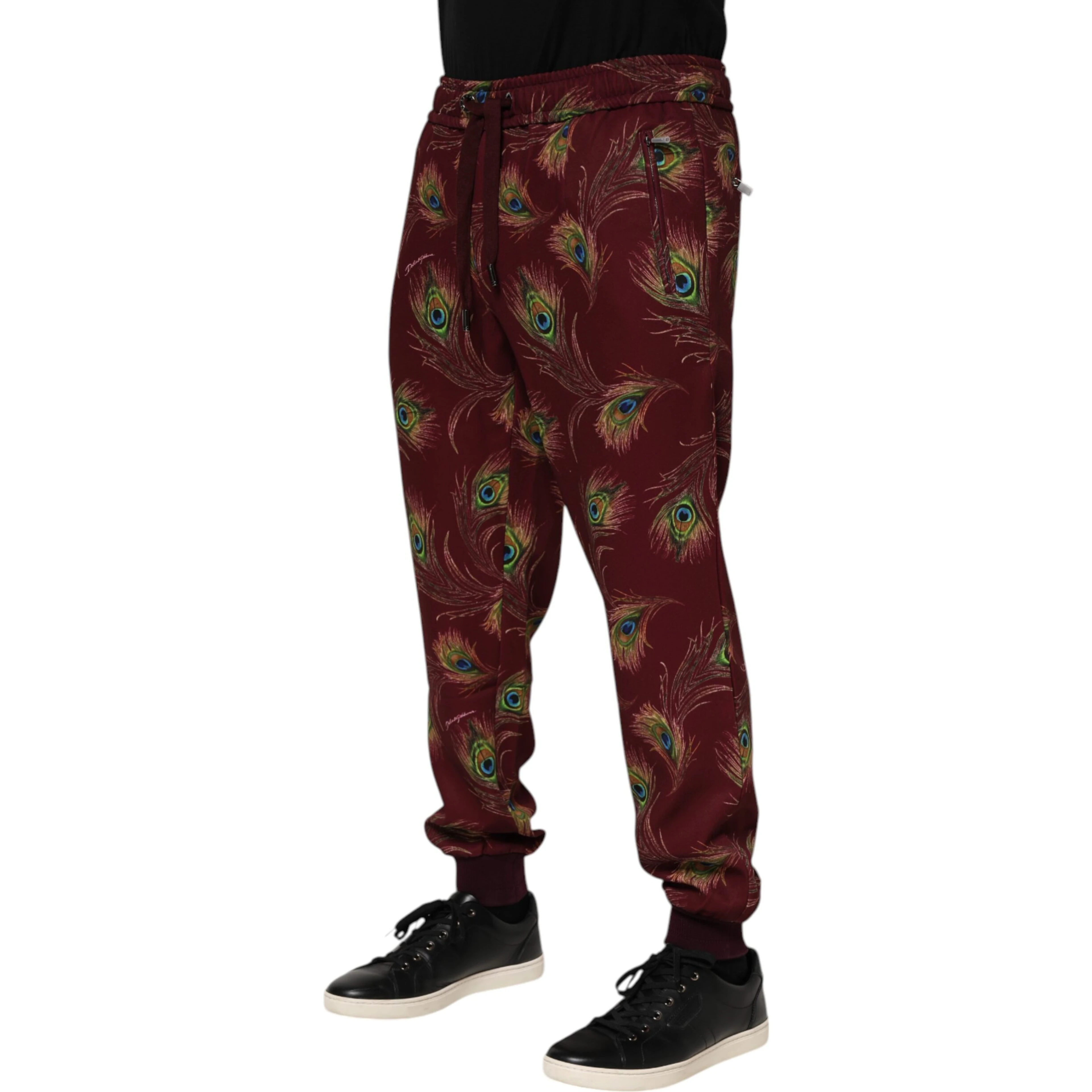 Burgundy Peacock Feather Print Jogger Pants