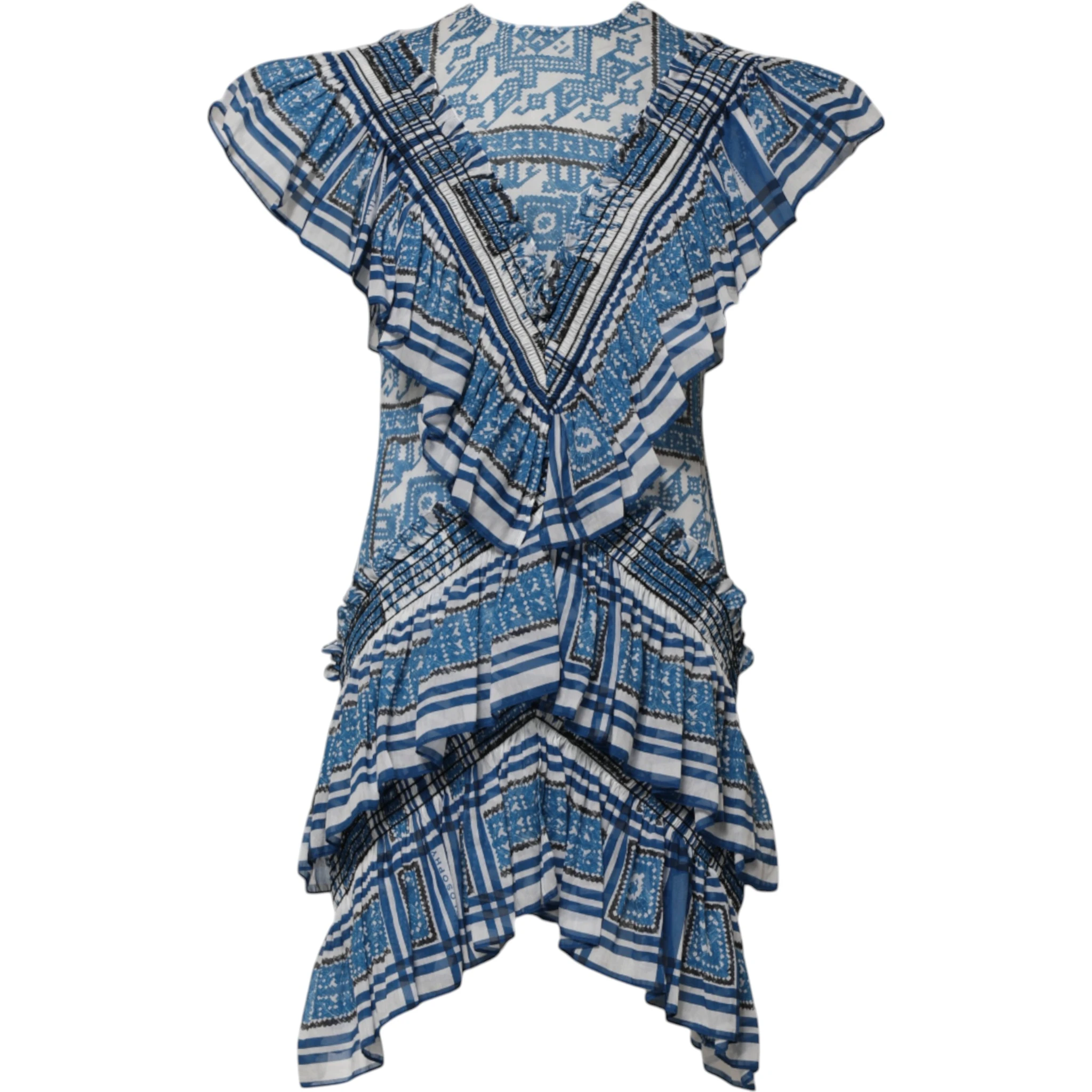 Blue Patterned Layered Short Sleeves Mini Dress