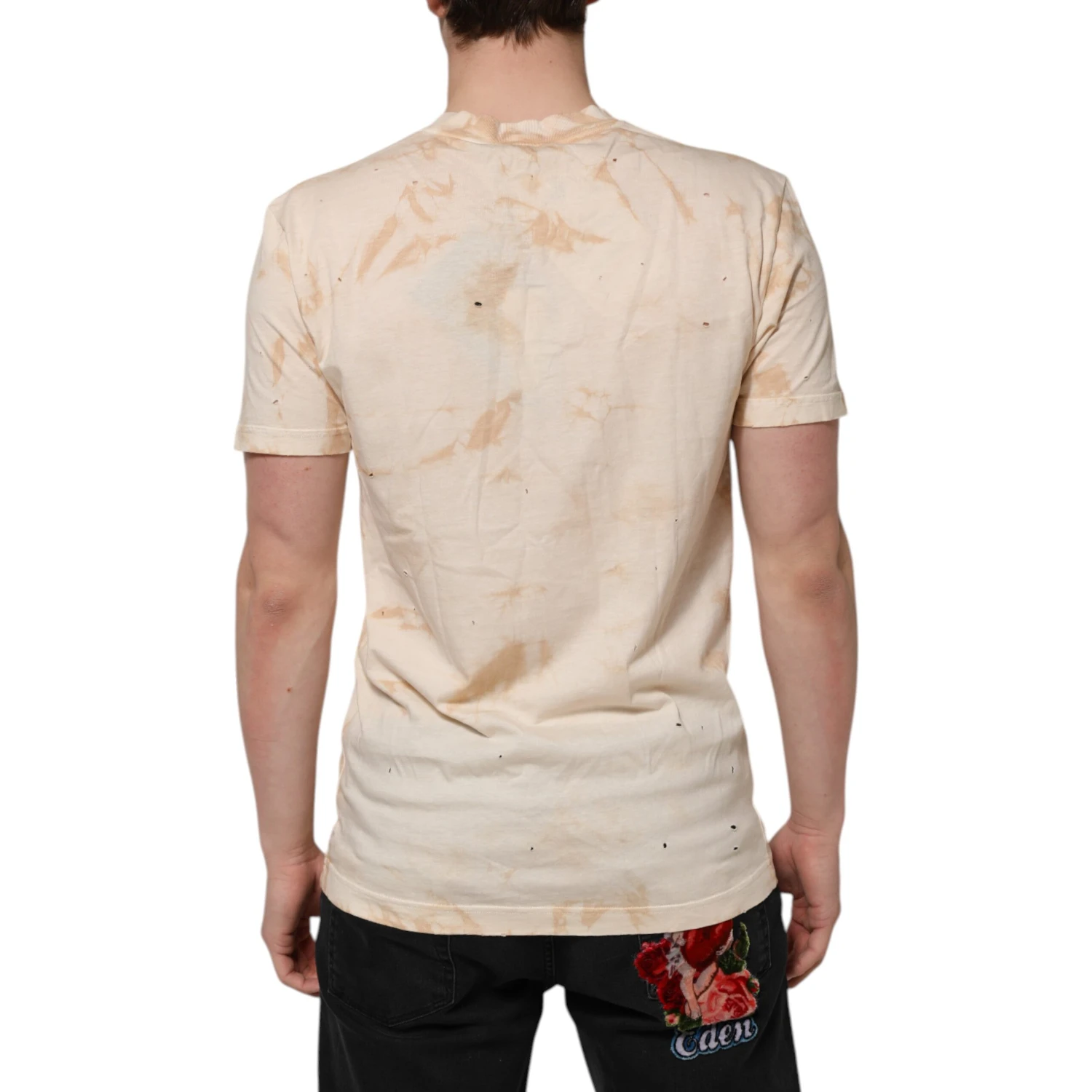 Beige Logo Print Short Sleeve V-neck T-shirt