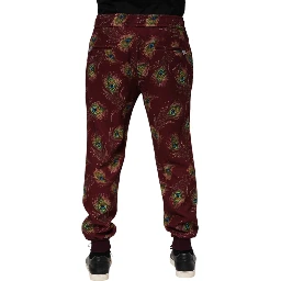 Burgundy Peacock Feather Print Jogger Pants