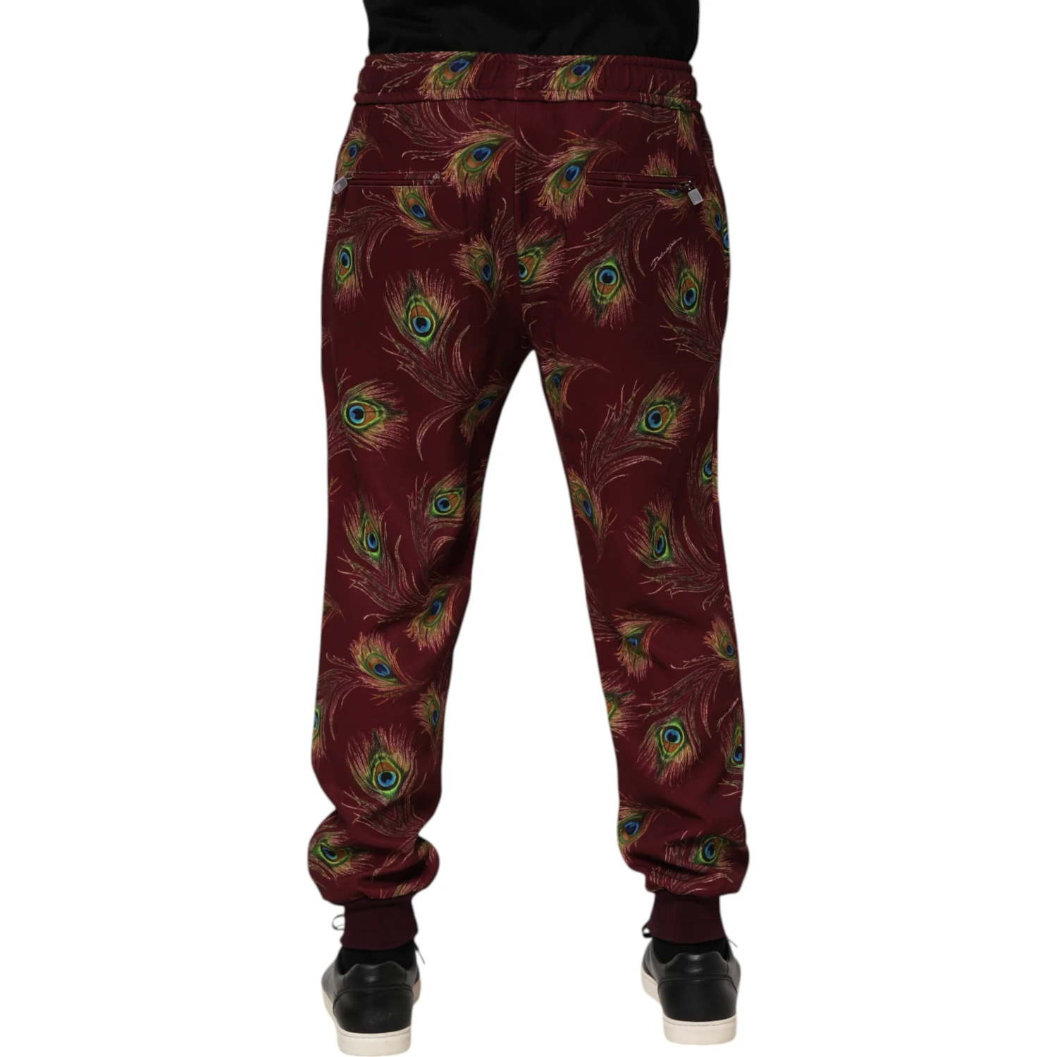 Burgundy Peacock Feather Print Jogger Pants