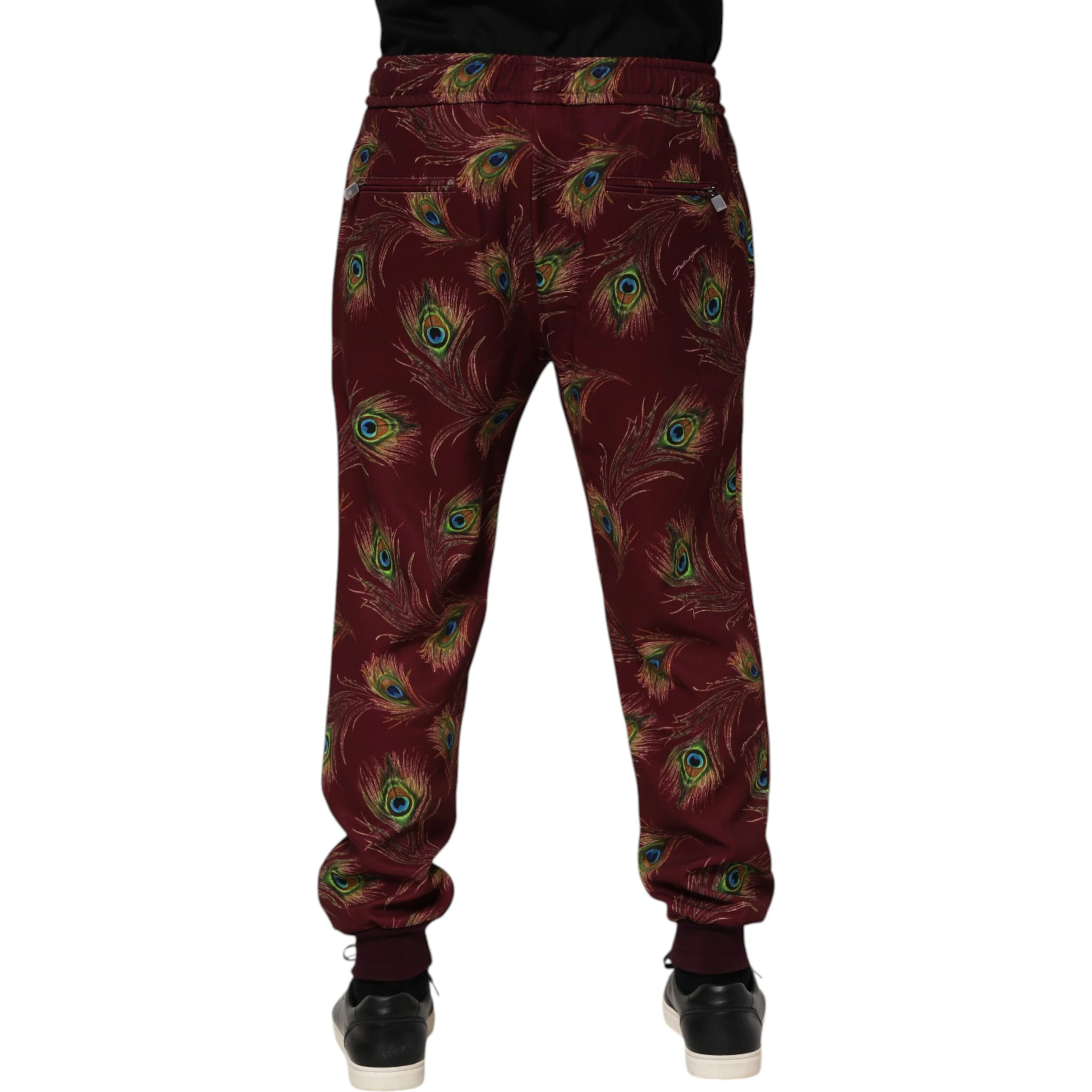 Burgundy Peacock Feather Print Jogger Pants