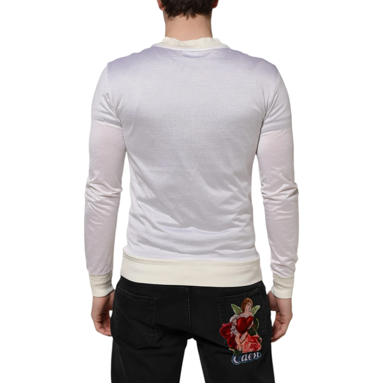 White Silk Crew Neck Long Sleeves T-shirt