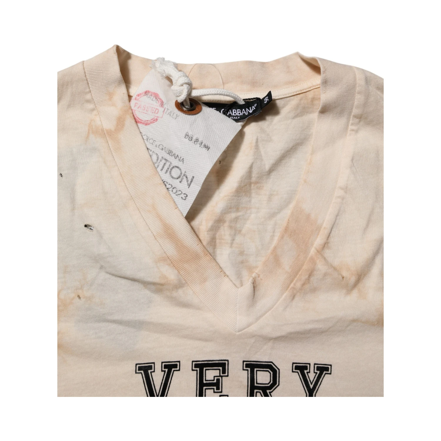 Beige Logo Print Short Sleeve V-neck T-shirt