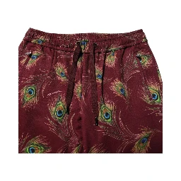 Burgundy Peacock Feather Print Jogger Pants