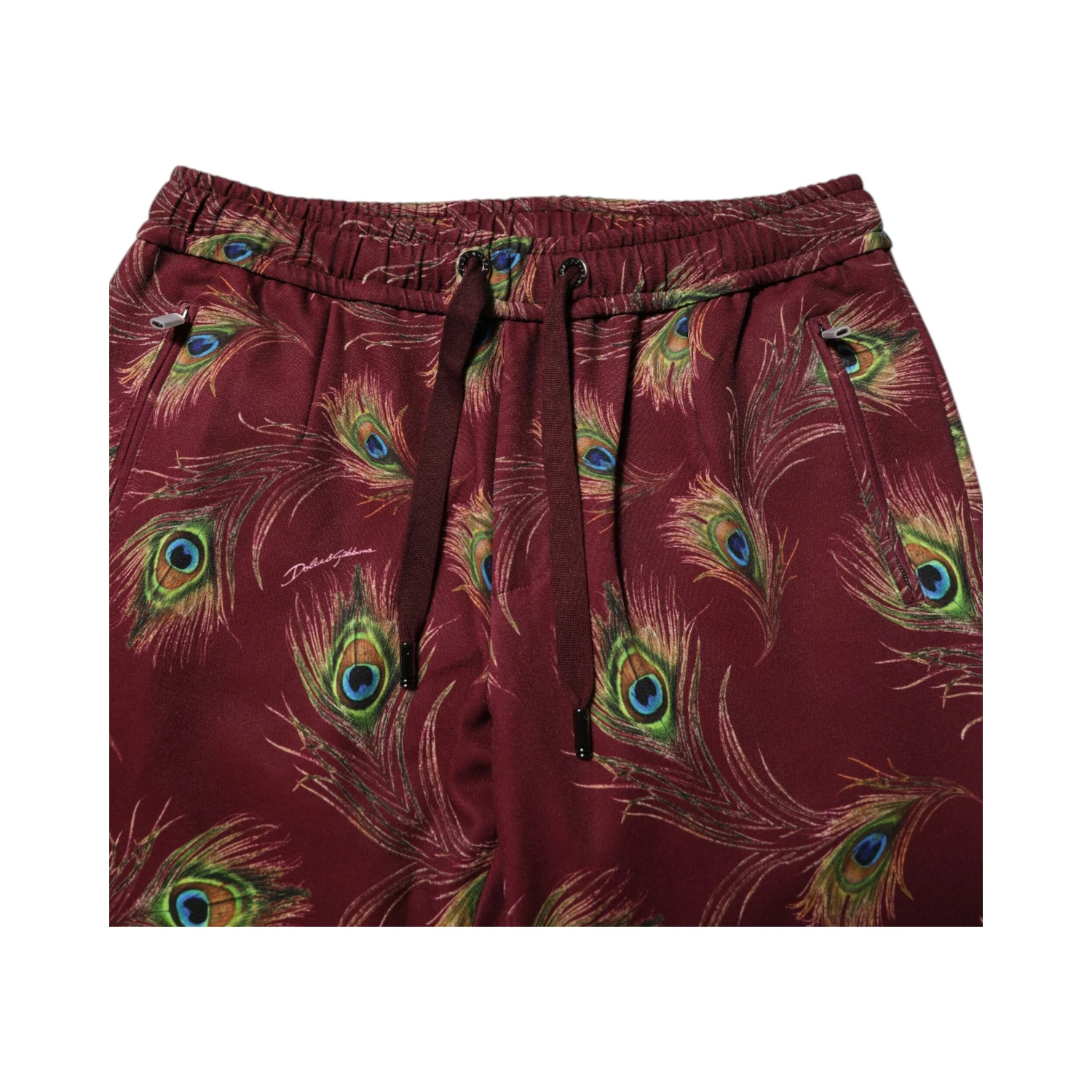 Burgundy Peacock Feather Print Jogger Pants