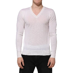 White Cashmere Logo V-neck Pullover Sweater