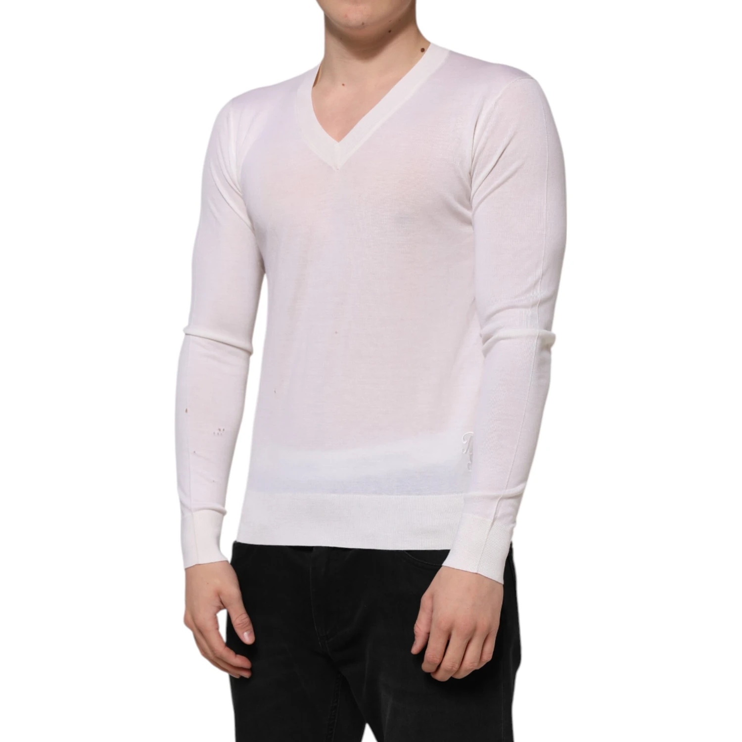 White Cashmere Logo V-neck Pullover Sweater