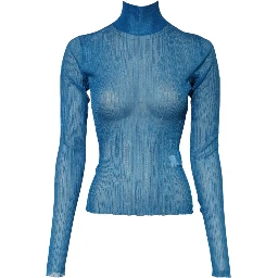 Blue See Through Turtleneck Long Sleeves Top