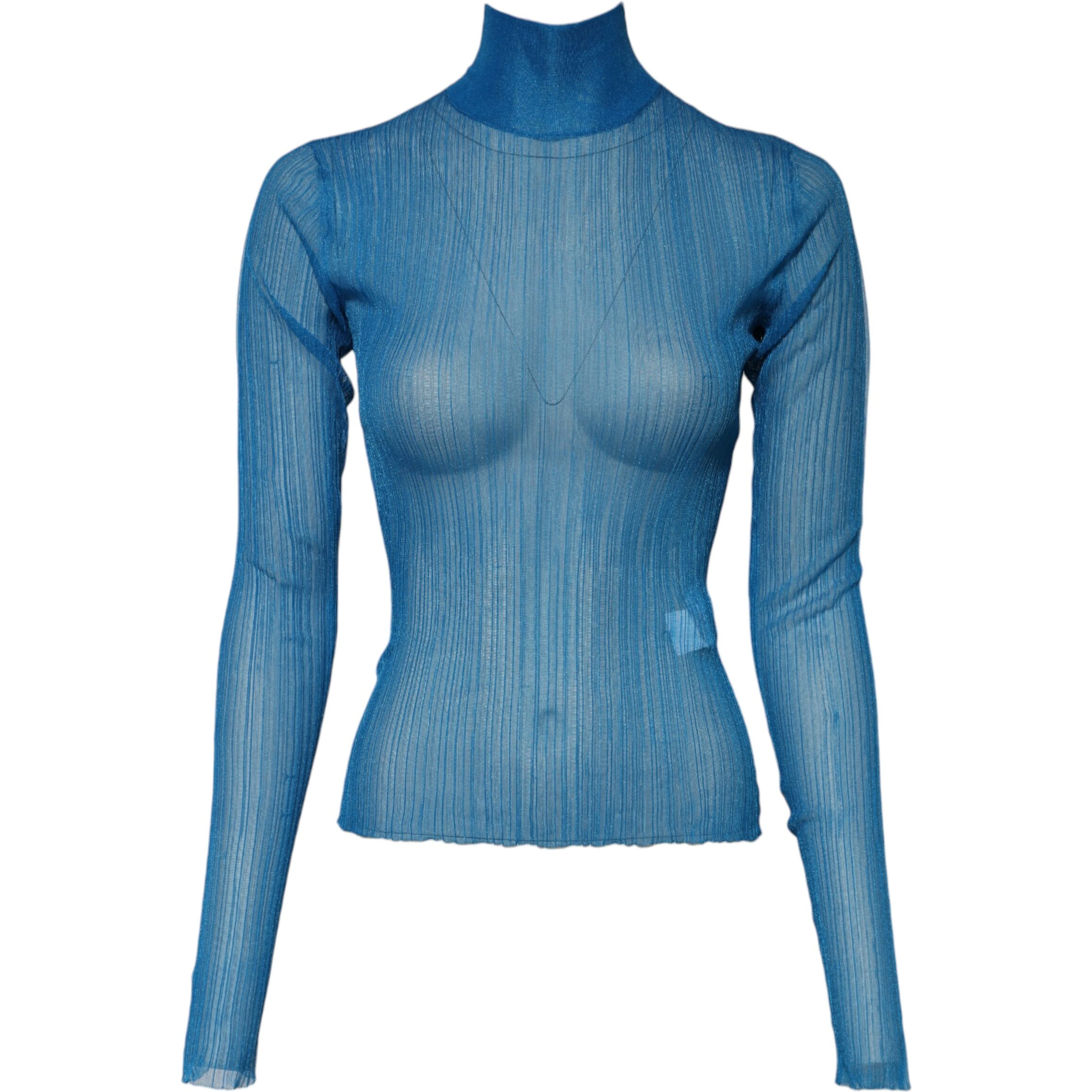 Blue See Through Turtleneck Long Sleeves Top