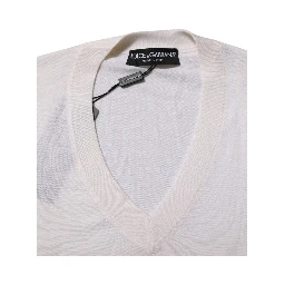 White Cashmere Logo V-neck Pullover Sweater