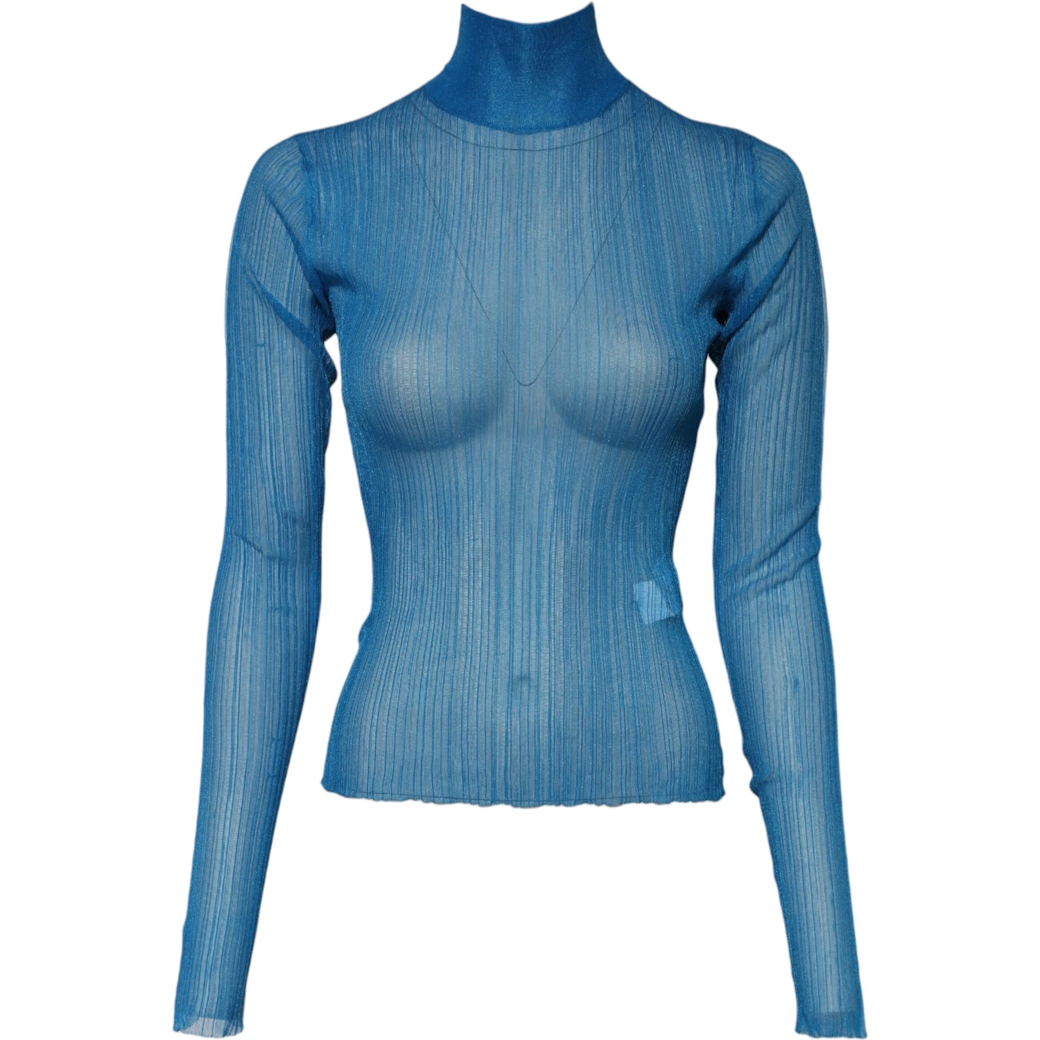 Blue See Through Turtleneck Long Sleeves Top