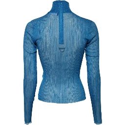 Blue See Through Turtleneck Long Sleeves Top