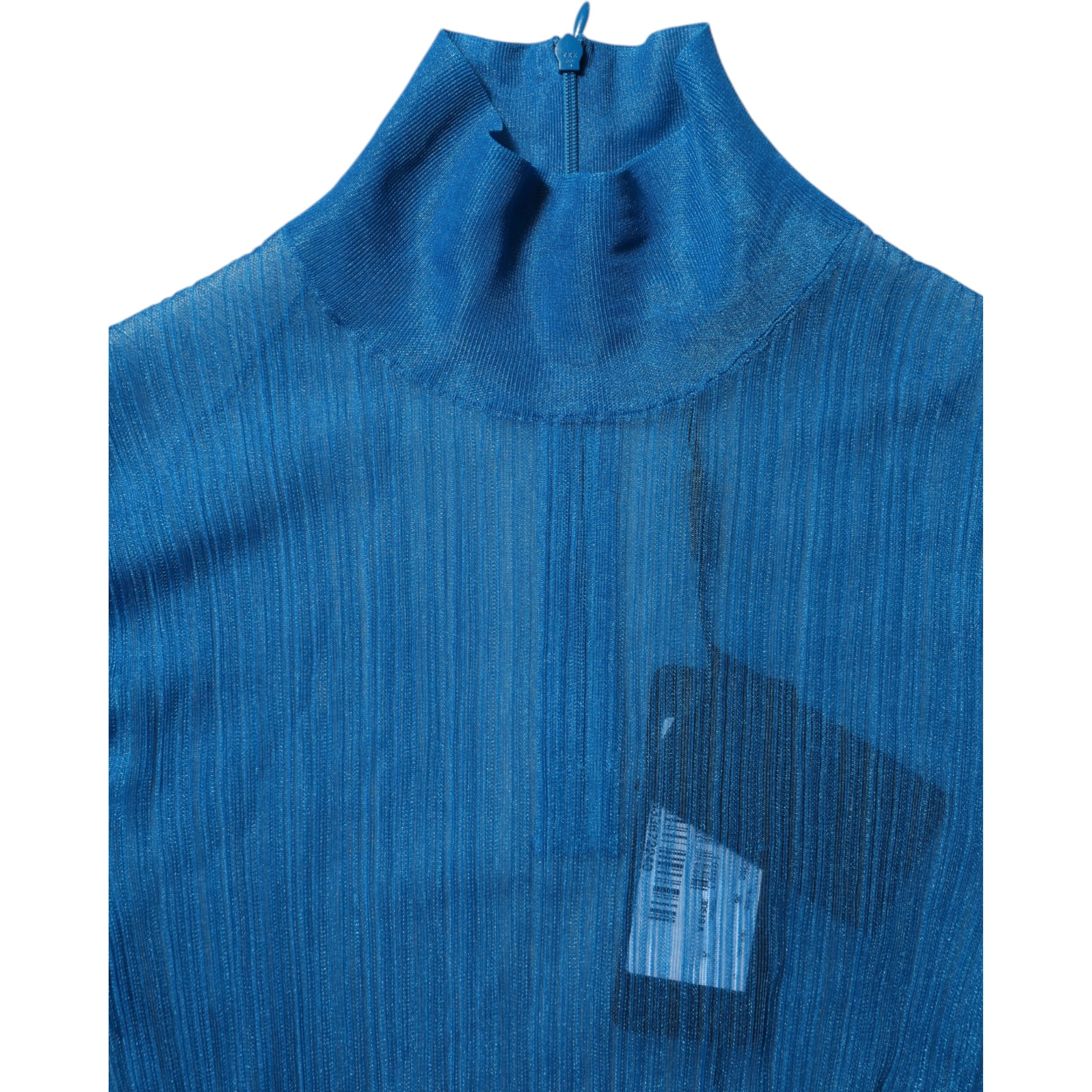 Blue See Through Turtleneck Long Sleeves Top