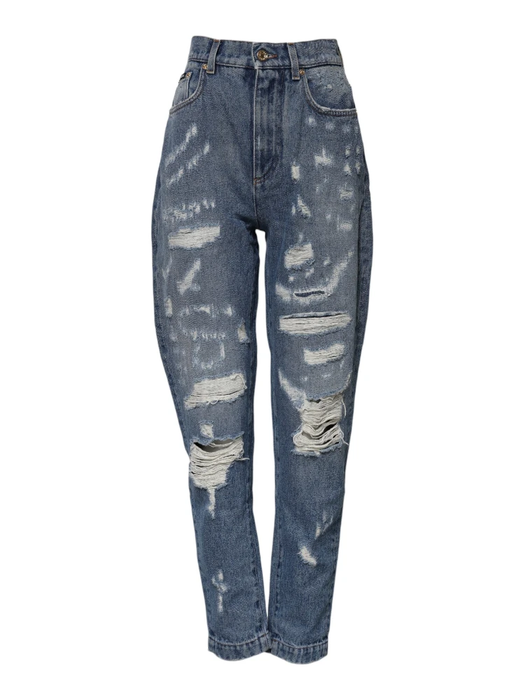 Blue Cotton Tattered High Waist Denim Jeans