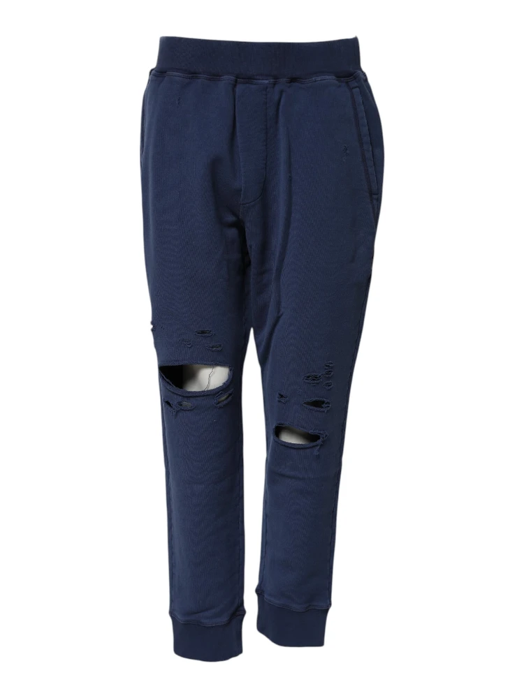 Blue Cotton Mid Waisted Jogger Pants