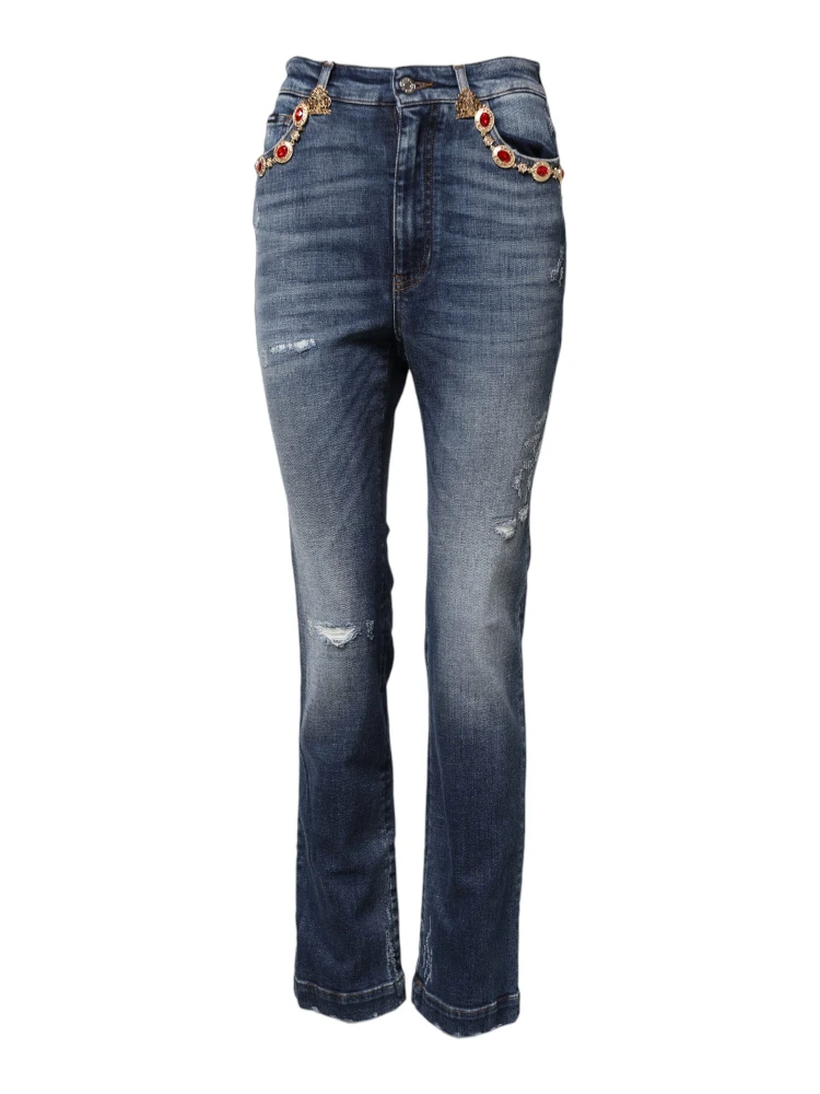 Blue Rhinestone Embellished Denim Jeans