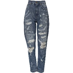 Blue Cotton Tattered High Waist Denim Jeans