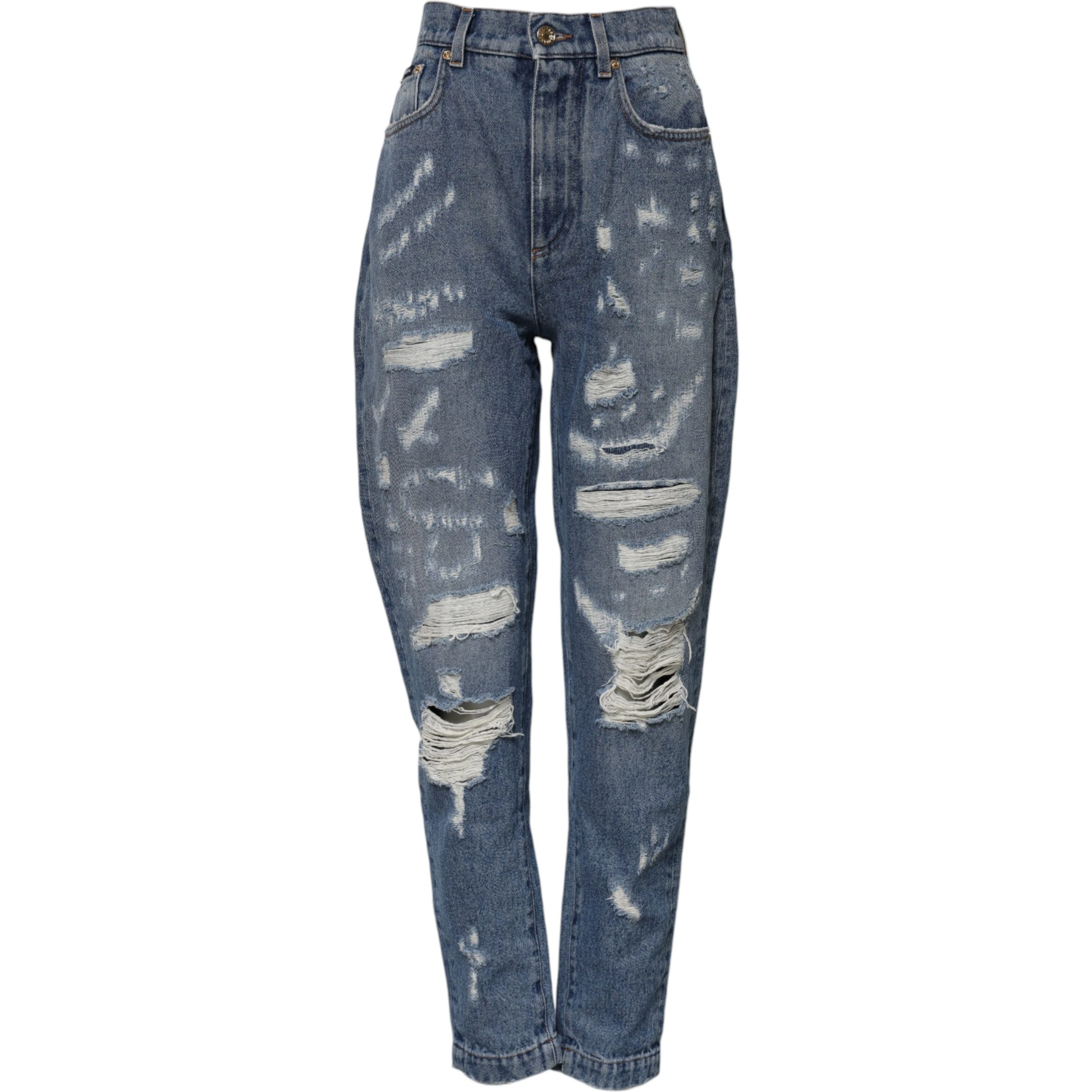 Blue Cotton Tattered High Waist Denim Jeans