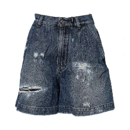 Blue Cotton Tattered Denim Bermuda Shorts