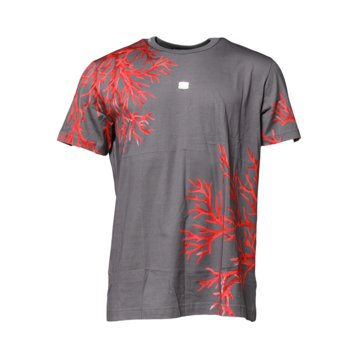 Gray Cotton Coral Print Logo Plaque T-shirt