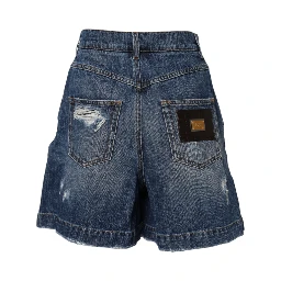 Blue Cotton Tattered Denim Bermuda Shorts