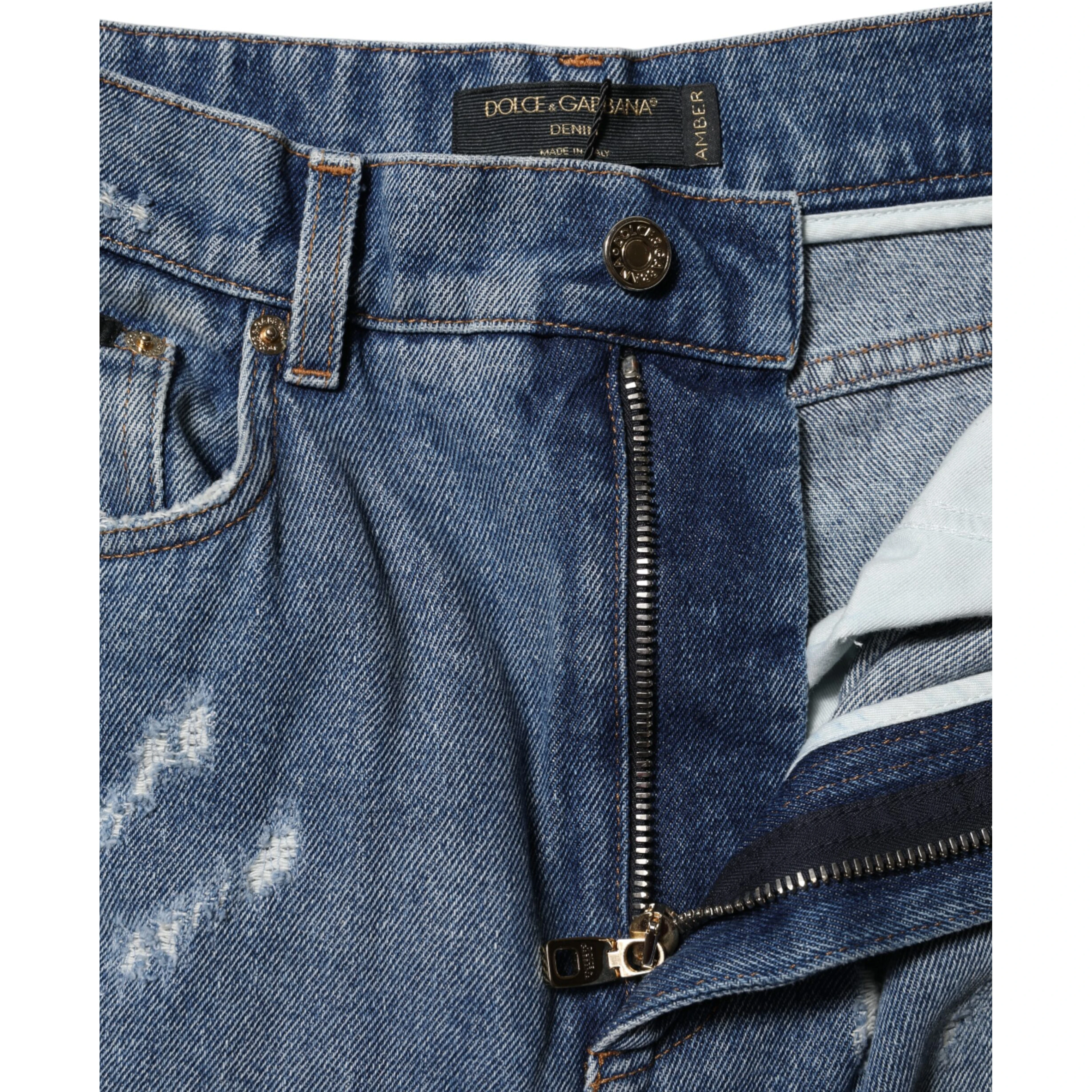 Blue Cotton Tattered High Waist Denim Jeans