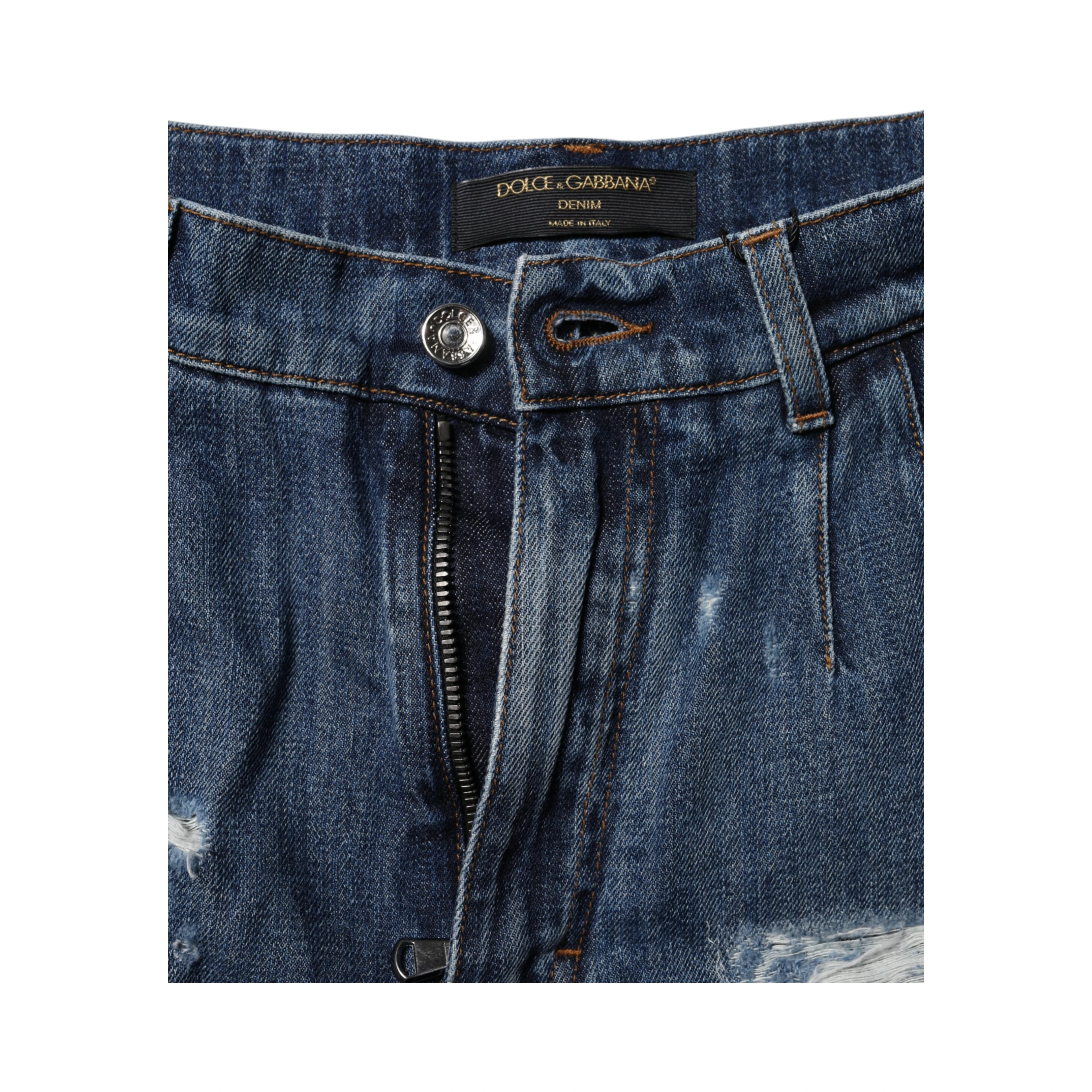 Blue Cotton Tattered Denim Bermuda Shorts
