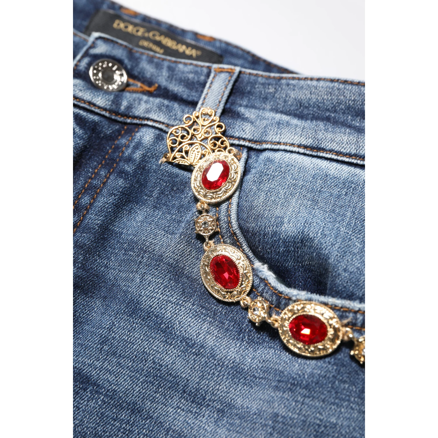 Blue Rhinestone Embellished Denim Jeans