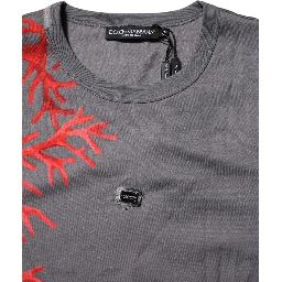 Gray Cotton Coral Print Logo Plaque T-shirt