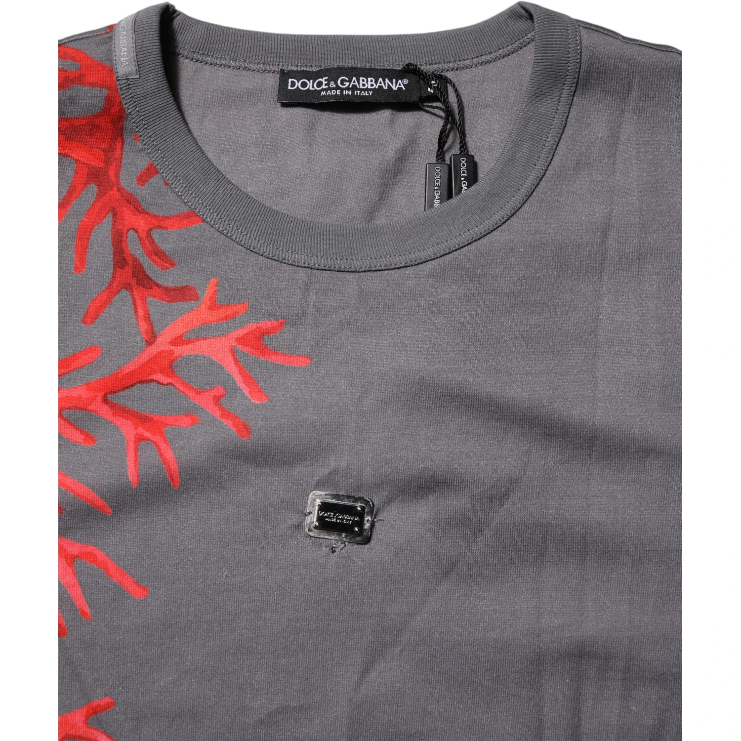 Gray Cotton Coral Print Logo Plaque T-shirt